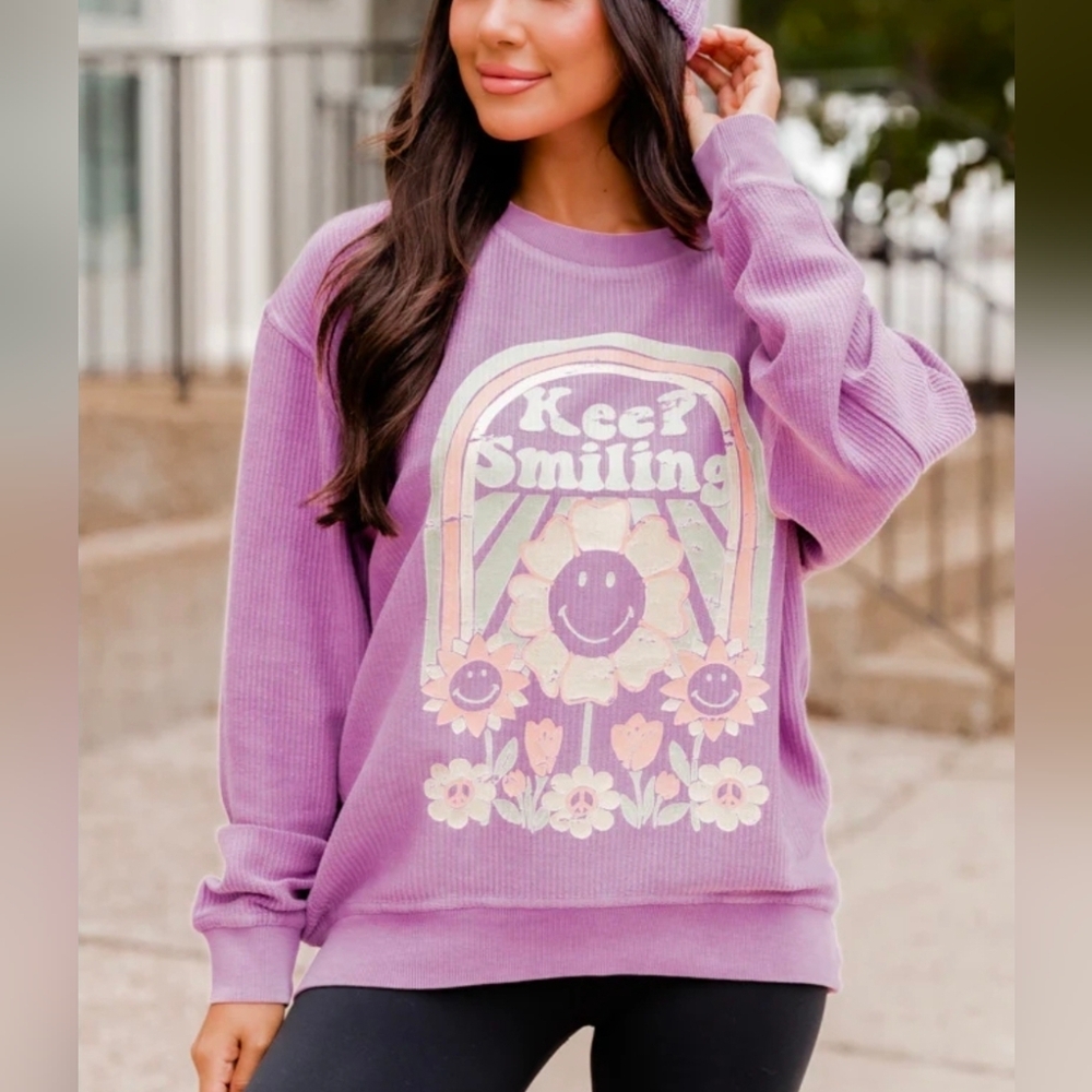 Pink Lily Keep Smiling Purple Corded Graphic Sweatshirt